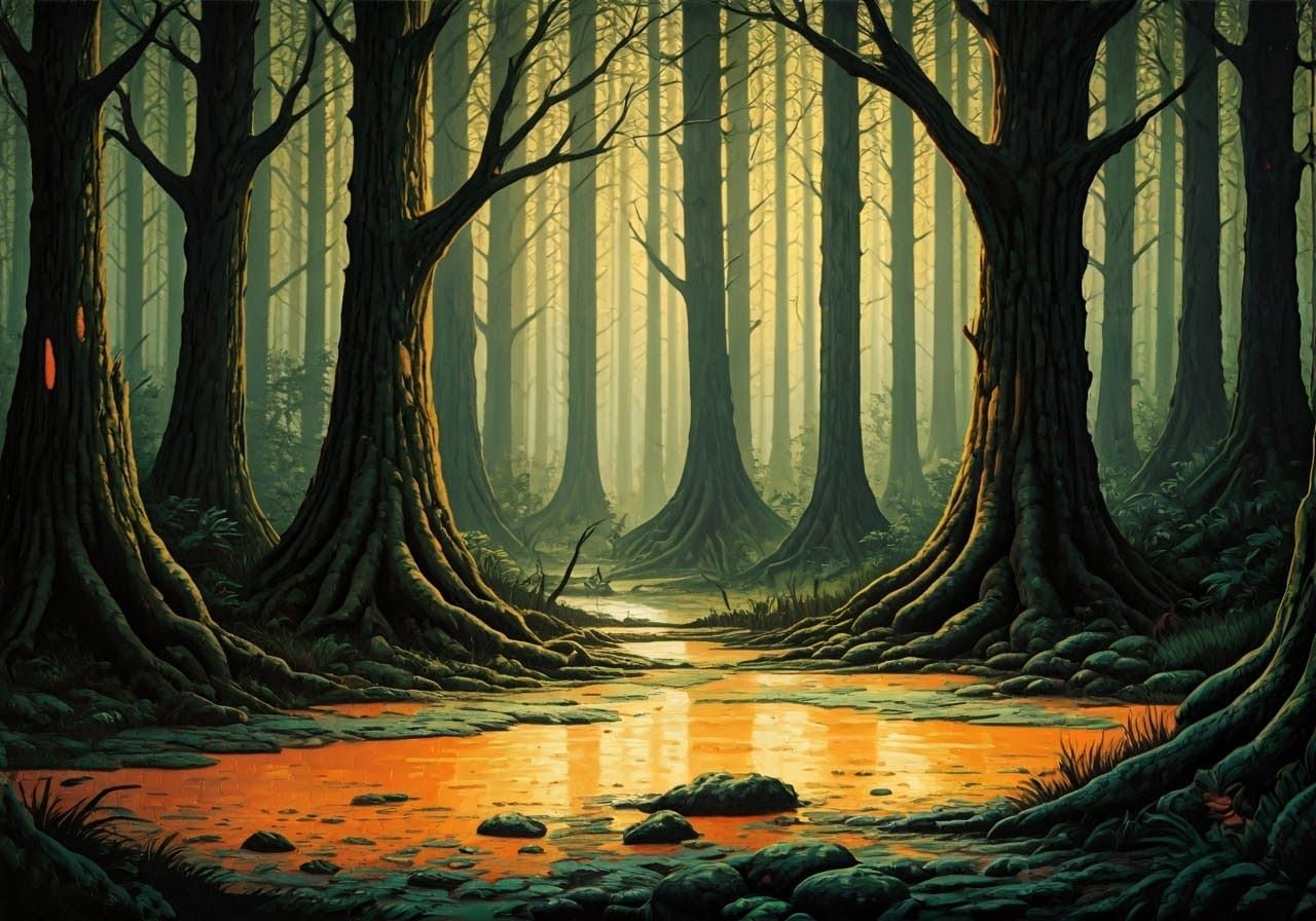 Decaying Fantasy Forest in Pulp Style