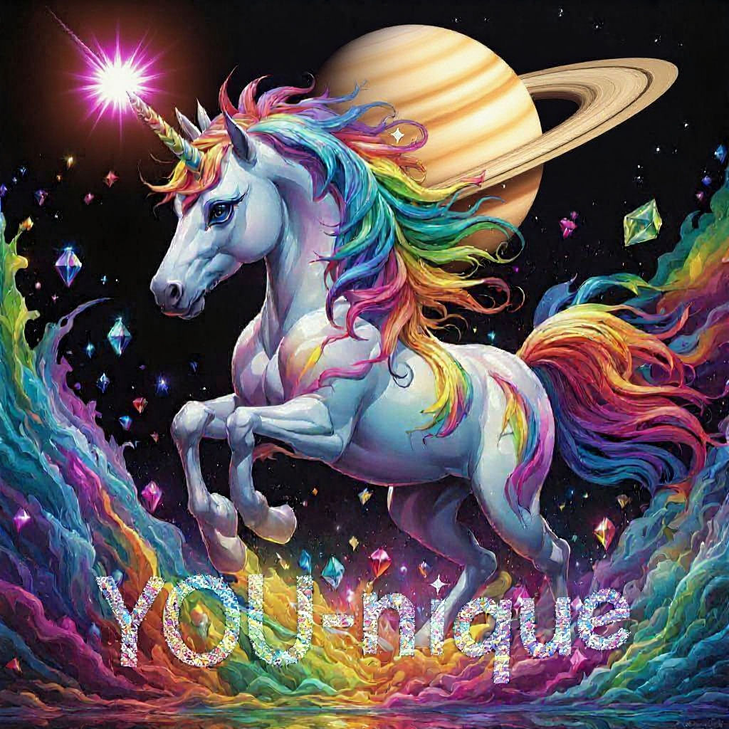 Rainbow Glass Unicorn in Diamond Field, Lisa Frank Style