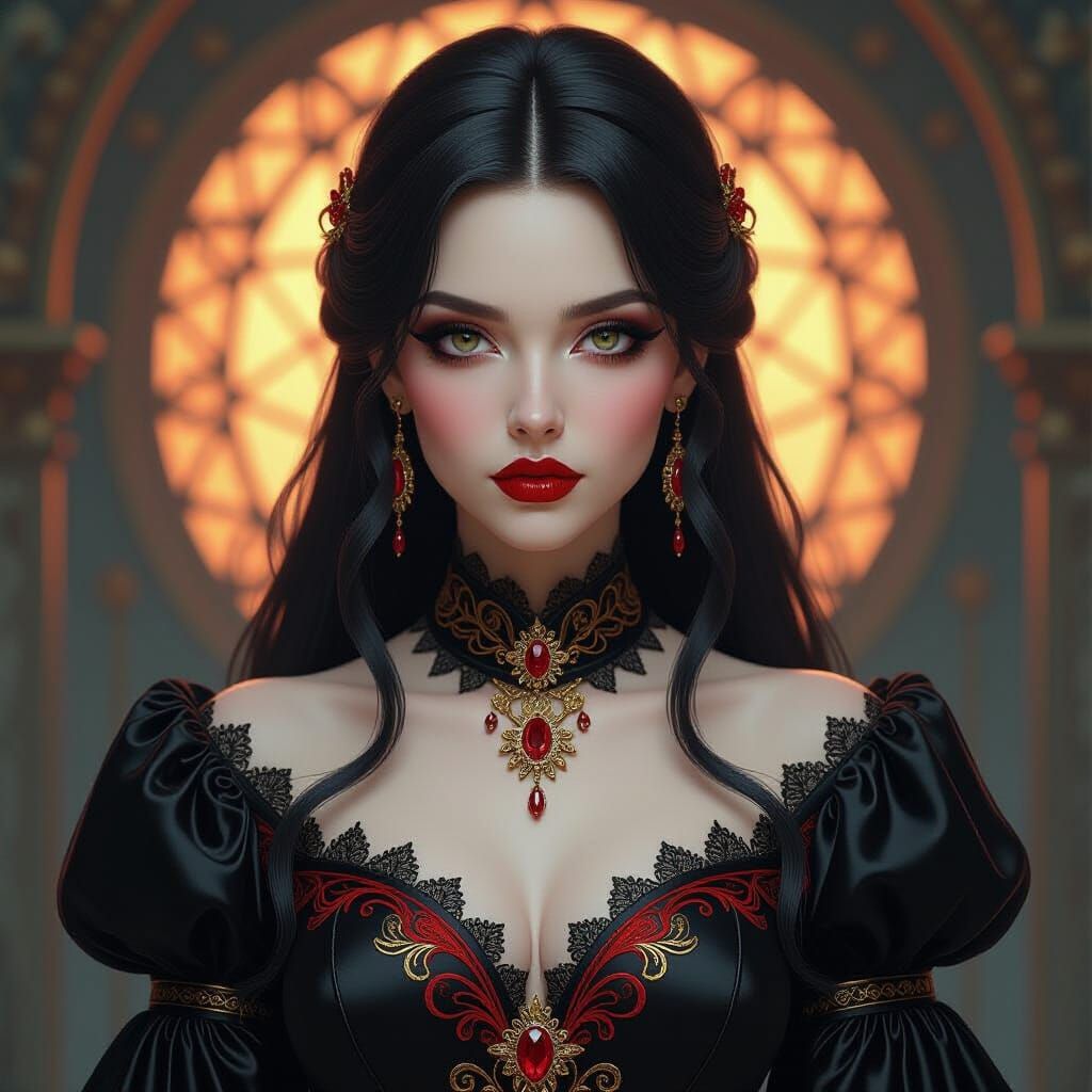 Gothic Beauty in Ornate Black Gown, Concept Art Style