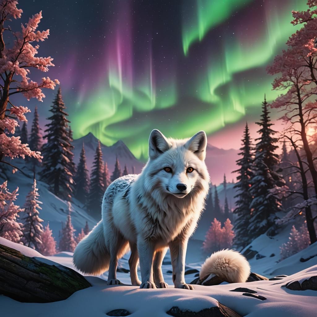White Fox Under Northern Lights: Detailed Matte Painting