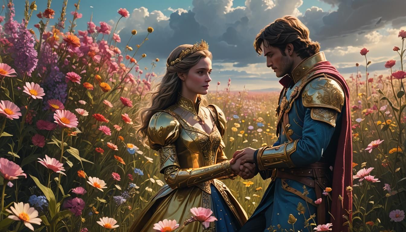 Prince Proposes to Princess in Flower Field