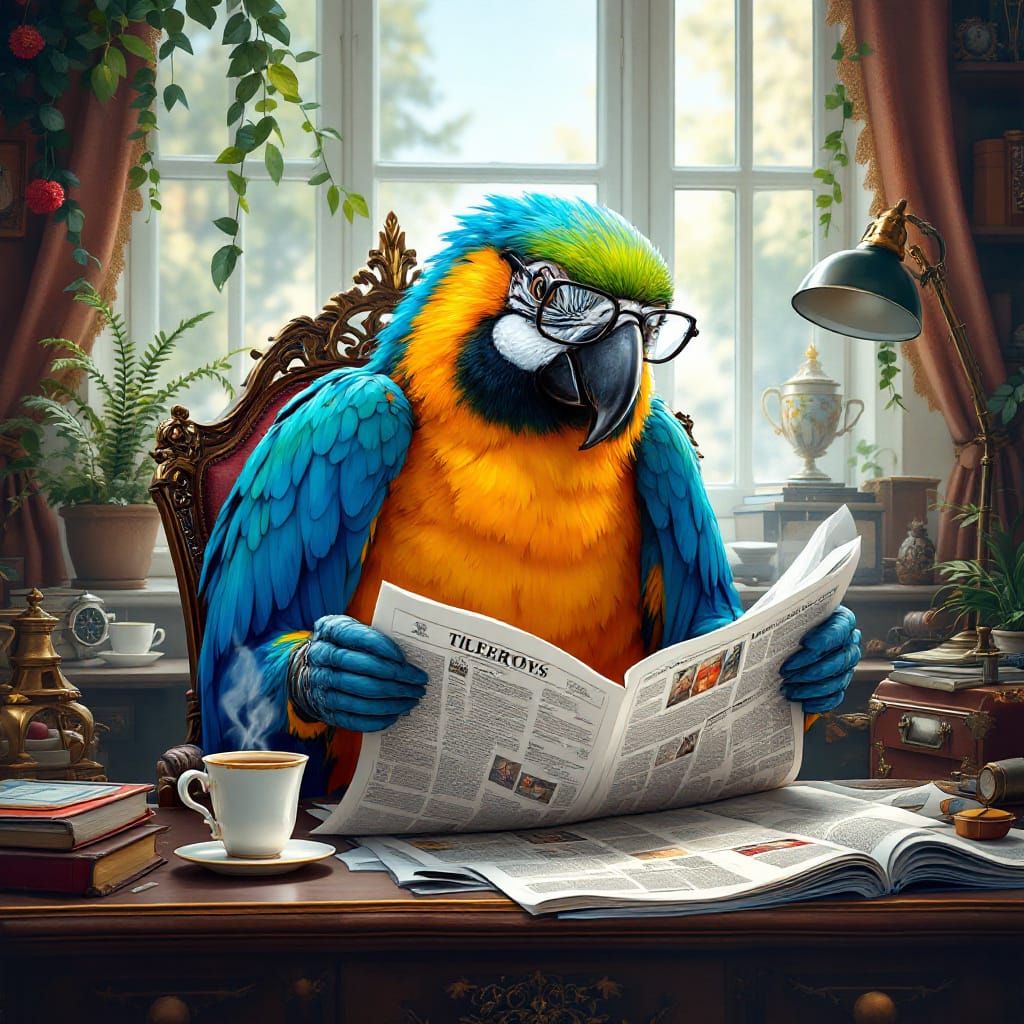 Colorful Parrot Reads Newspaper: Hyperrealistic Digital Art