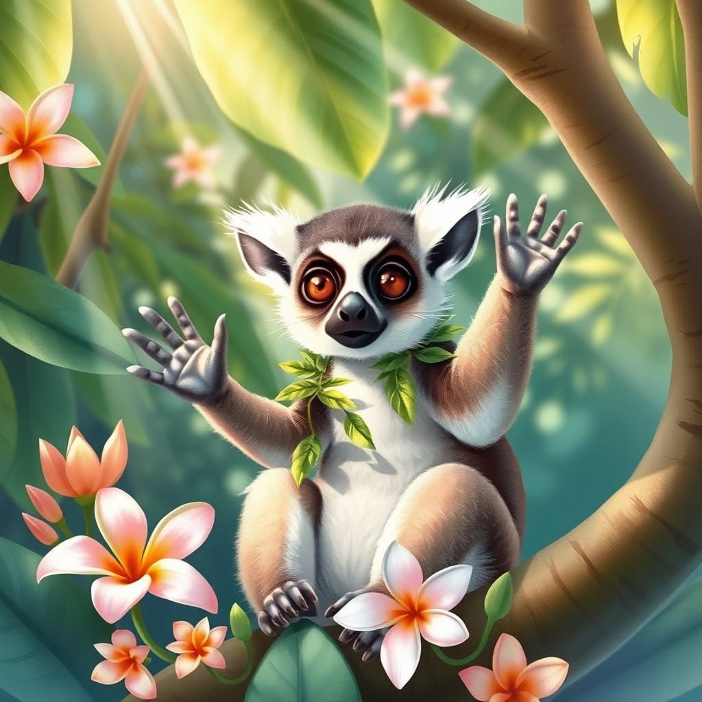 Lemur Waving in Tropical Tree, Pastel Watercolor Style