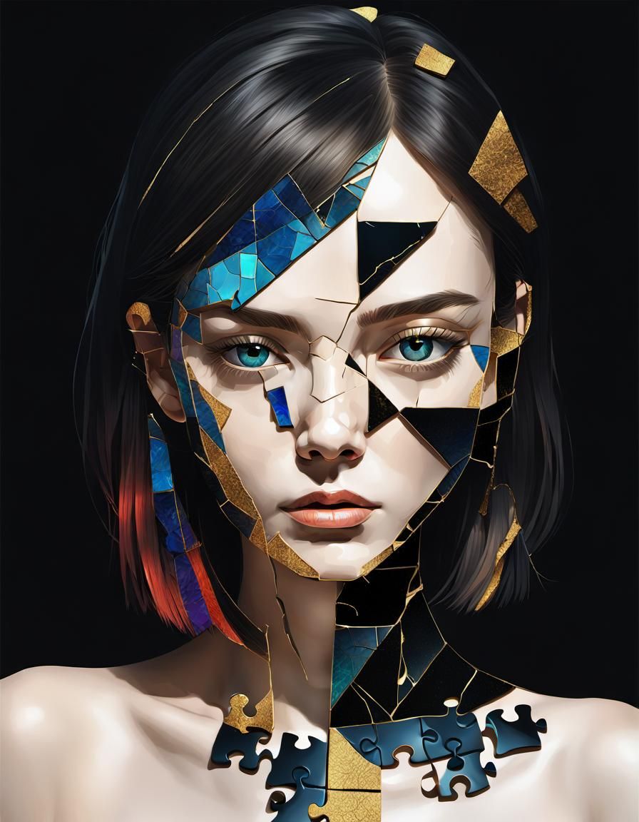 Kintsugi Puzzle Mosaic Portrait: Broken Beauty