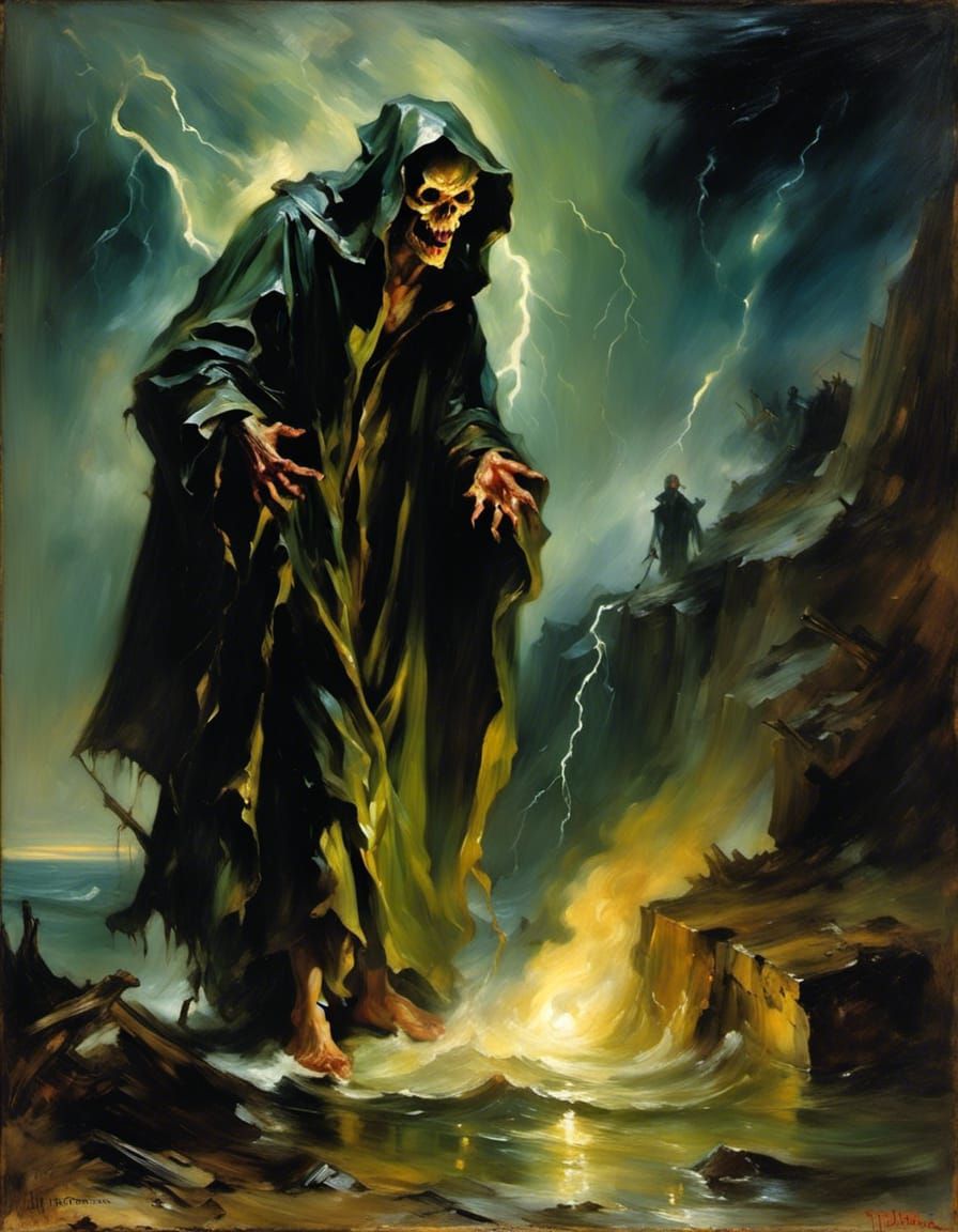 Creepy Lech Lurking in Hellish Portal: Chiaroscuro Style