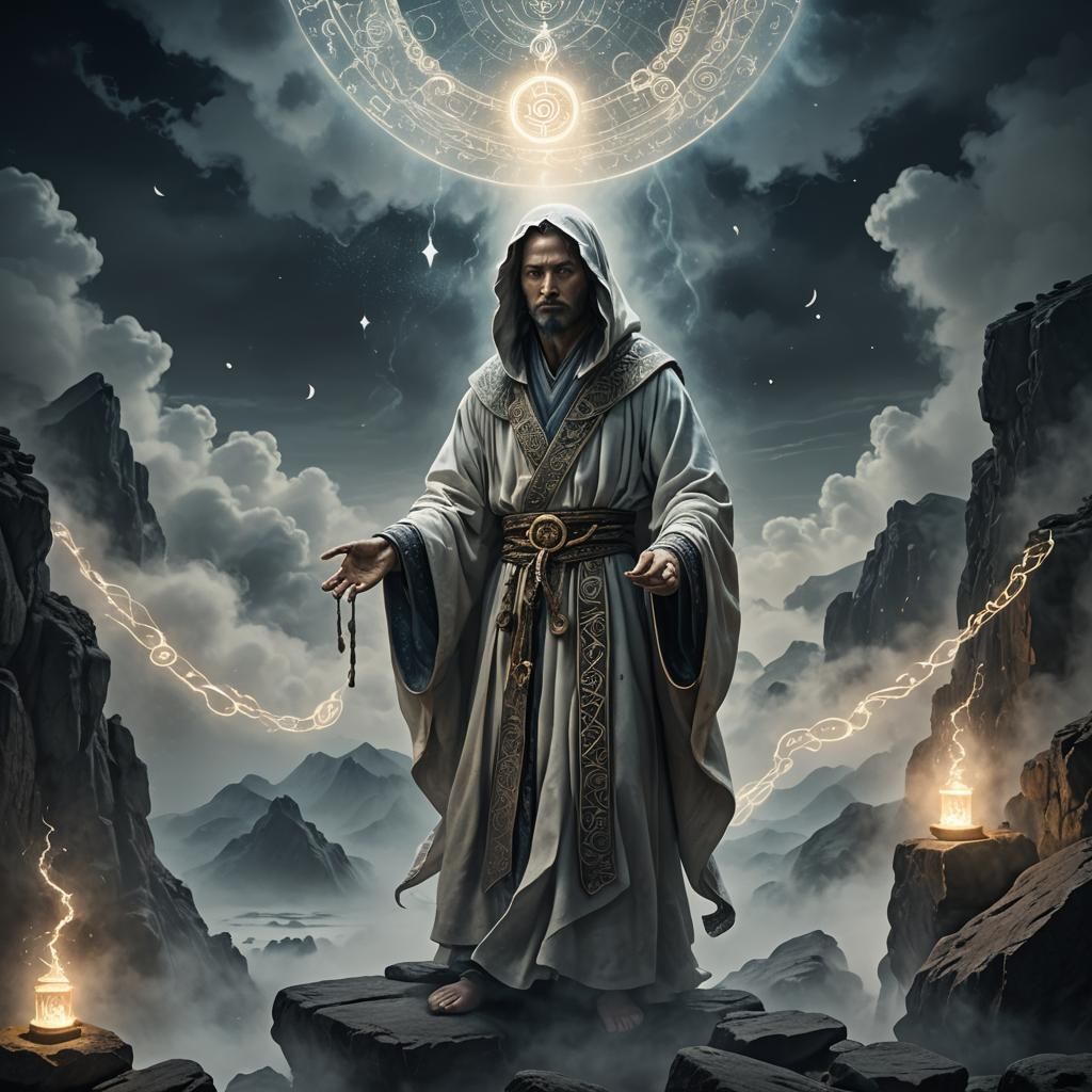 Mystical Figure Amidst Glowing Runes in Spiritual Surrealism
