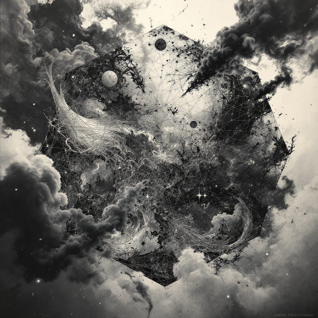 Intricate Dark Fantasy Hexagonal Calligraphy Art