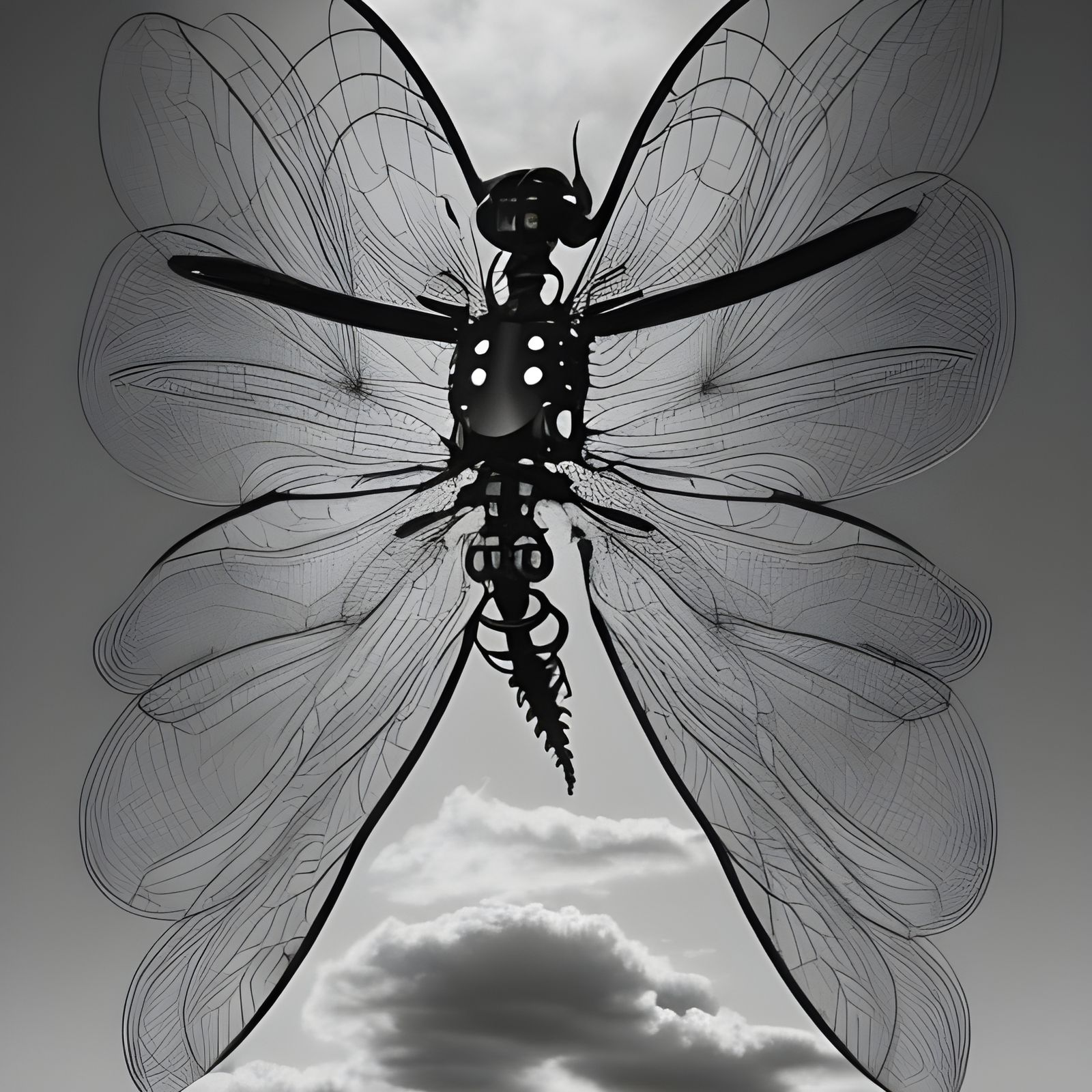 Cyborg Wasp in Mirrored Cloudscape: Hyperrealistic Alien Tec...