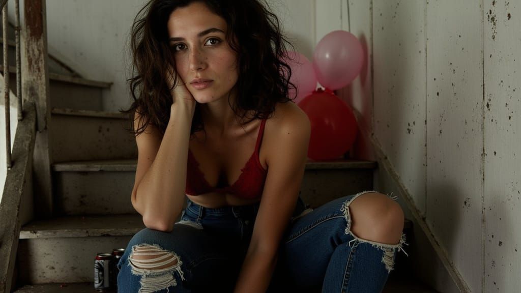 Gritty Portait of a Young Woman on a Dilapidated Staircase