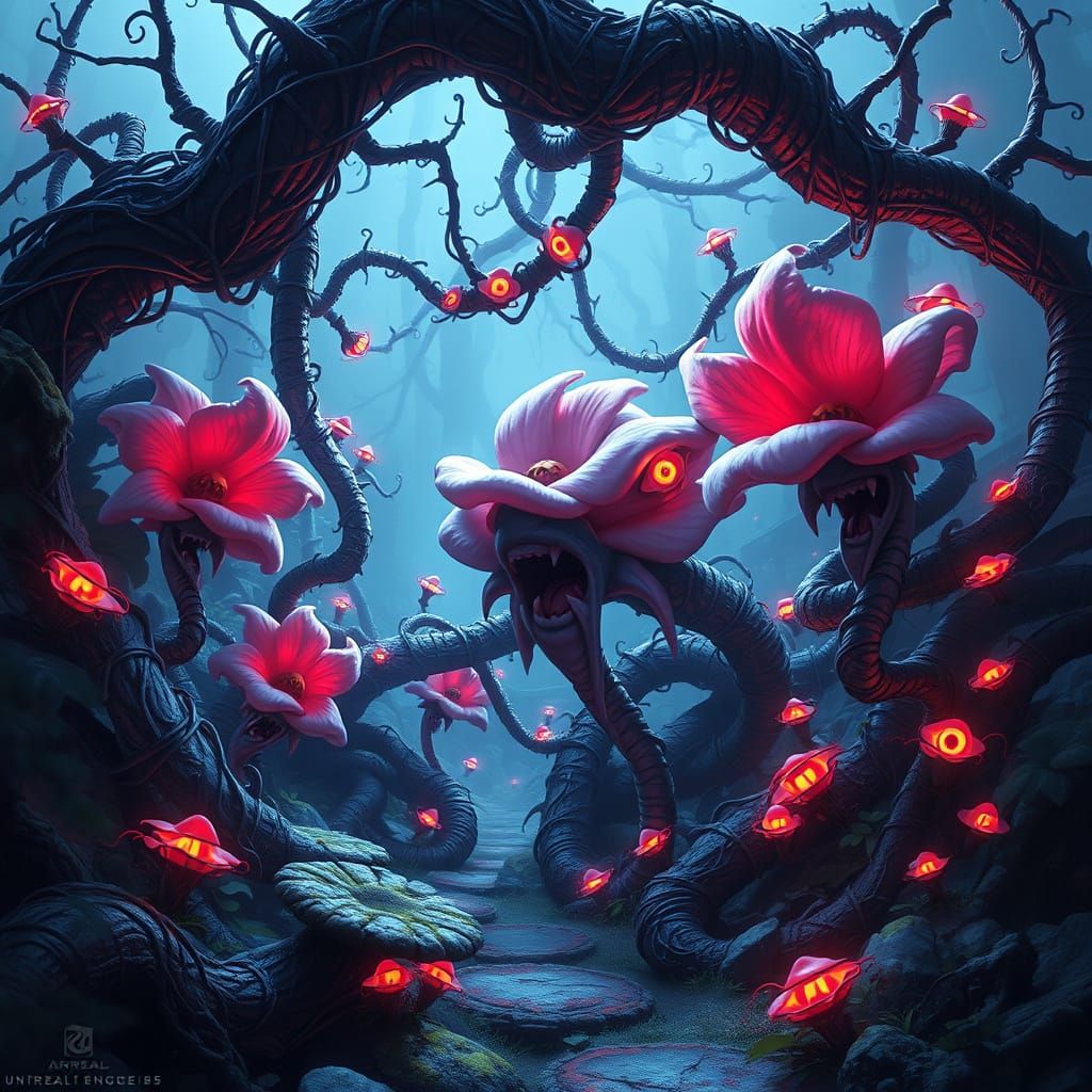 Eerie Garden with Flowers for Eyes, Digital Painting