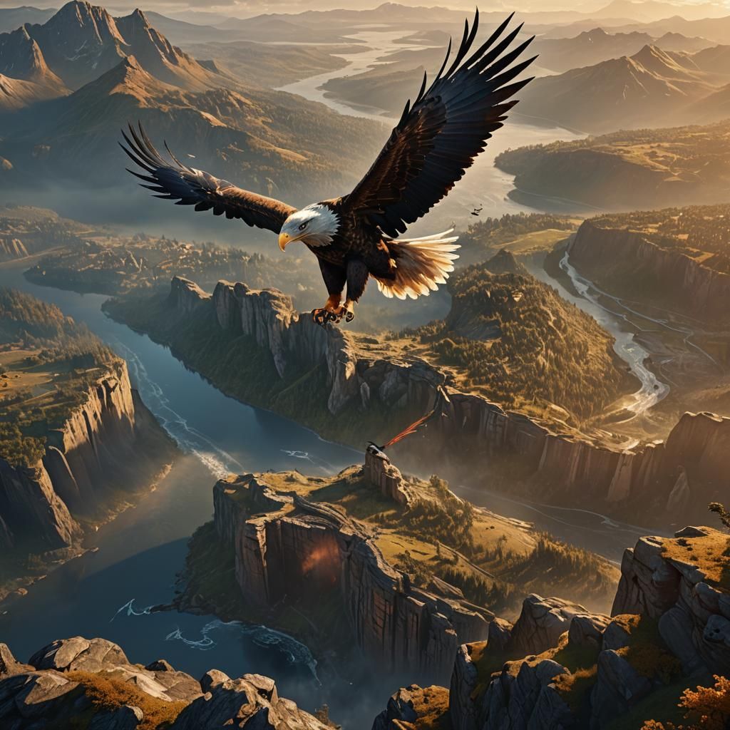 Eagle with Human Face Soaring Over Earth