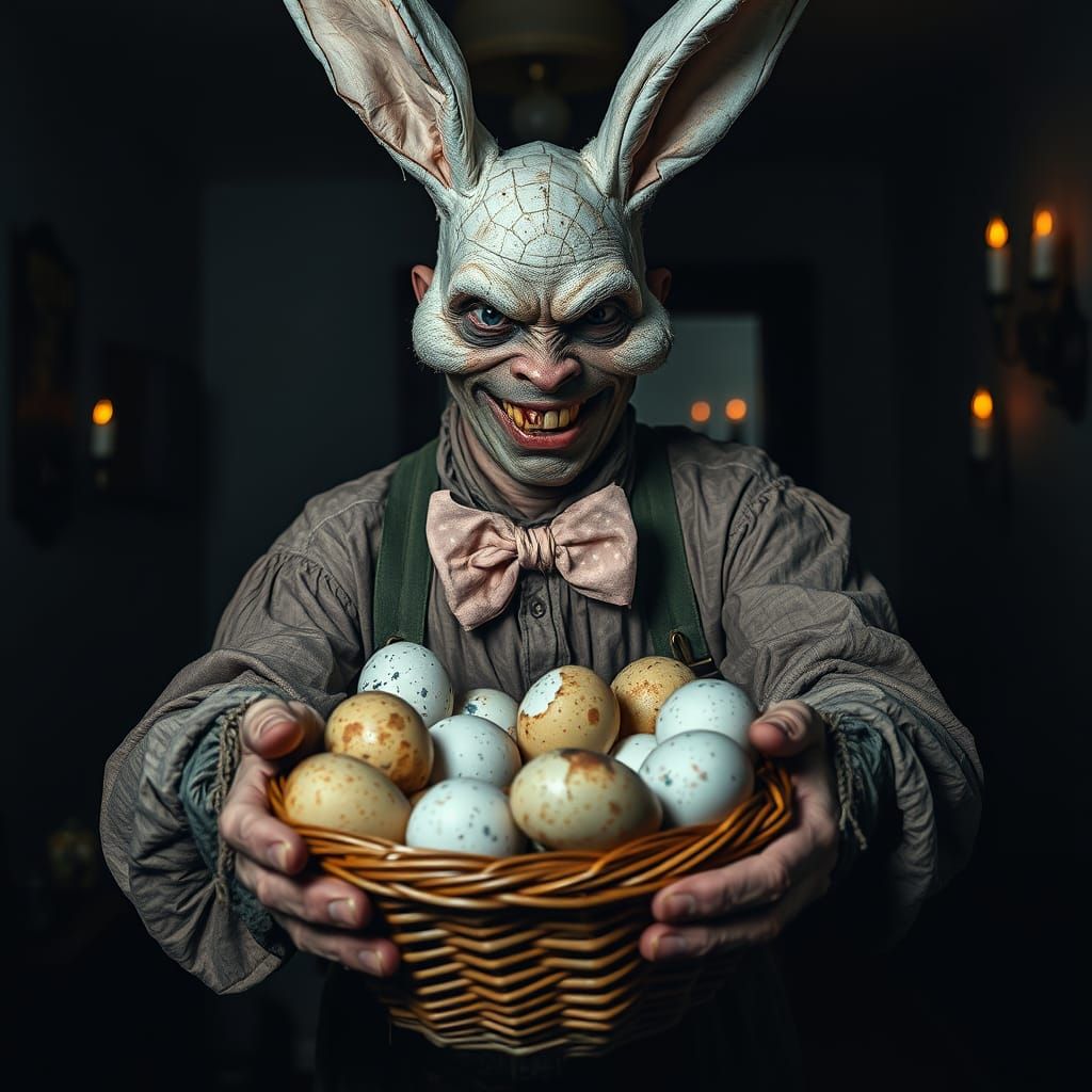 Surreal Easter Bunny Figure in Tattered Costume Offers Creep...