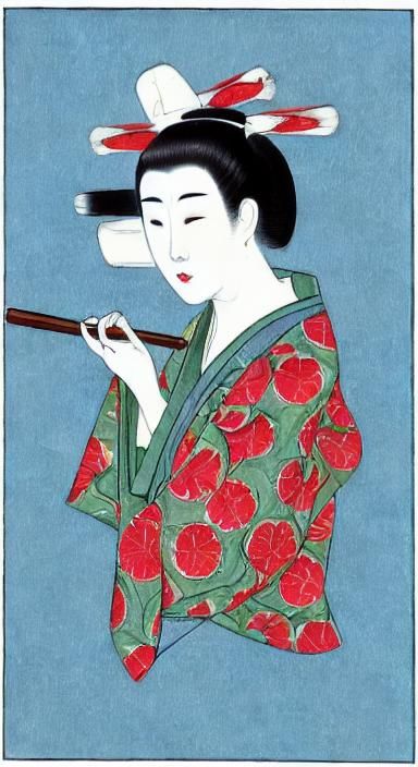 Geisha in Japanese Garden as Nihonga Painting