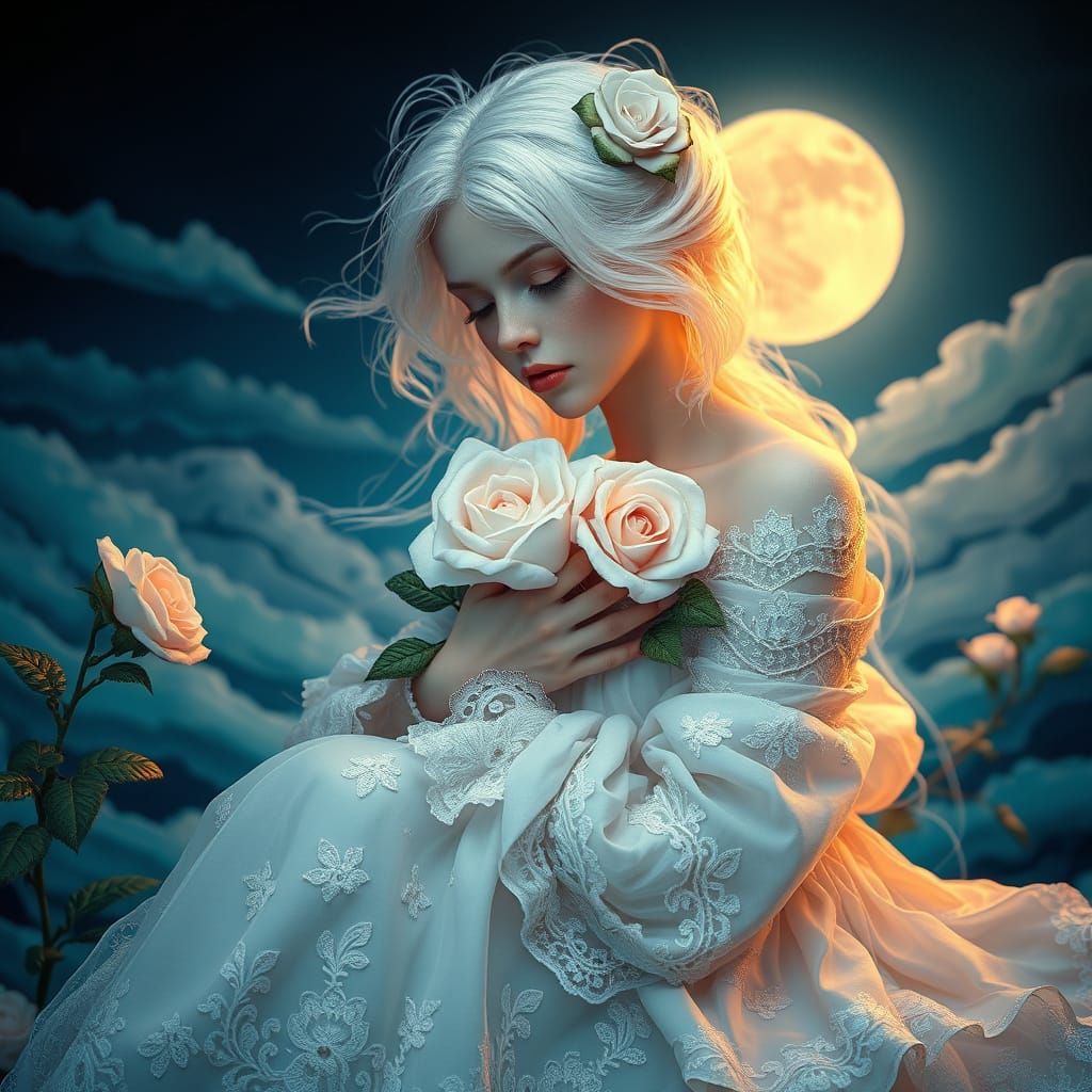 Surreal Woman of Felt in Dreamlike Landscape with Ethereal L...