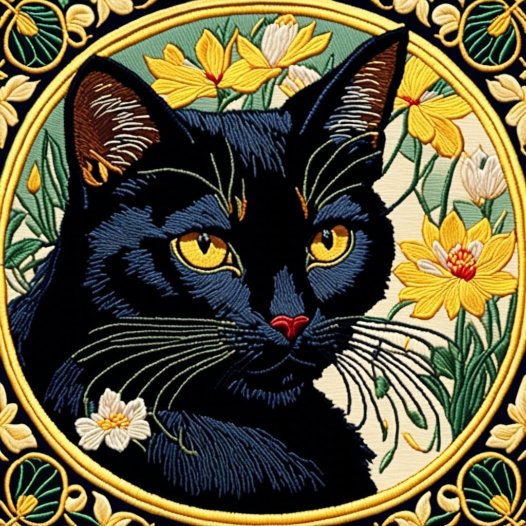 Art Nouveau Embroidered Black Cat Poster