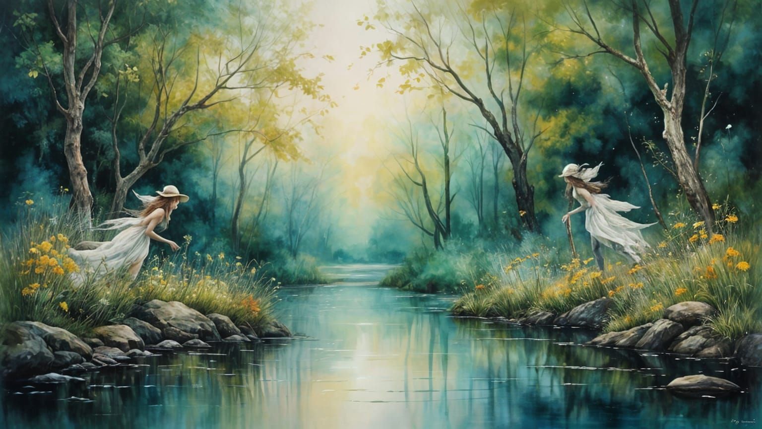 Mystical Elves Soar Over a Serene River in Traditional Art S...