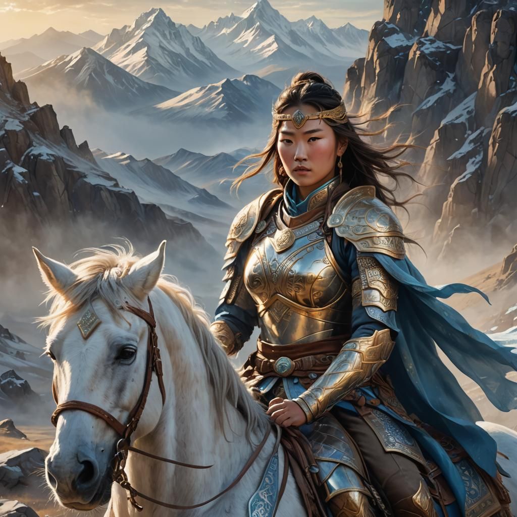 Mongolian Hero Woman on Horseback Portrait