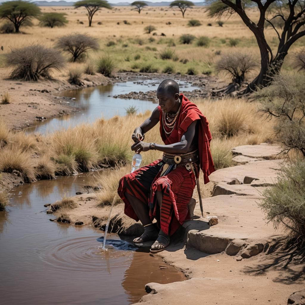 Masai Warrior Drinks in African Savannah