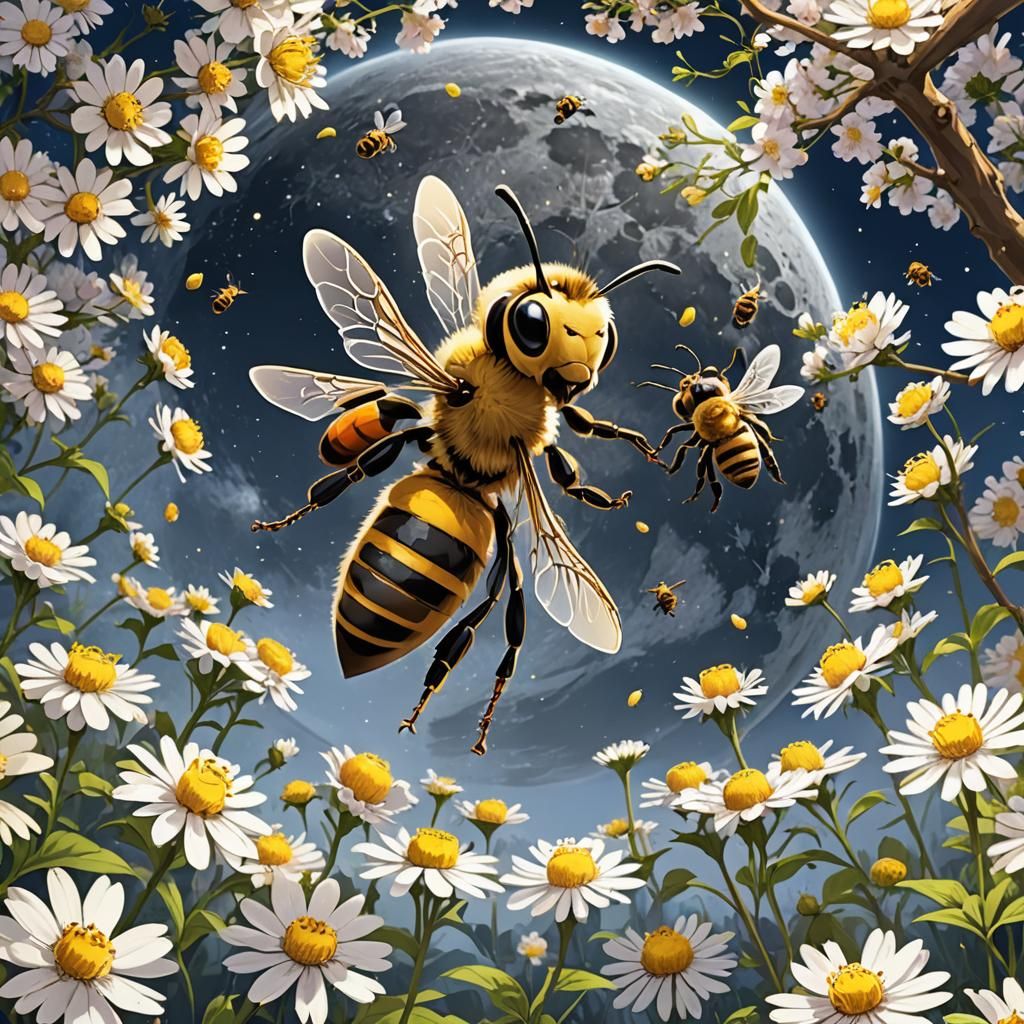 Honeybee Collects Moon Flower Honey in Anime Style