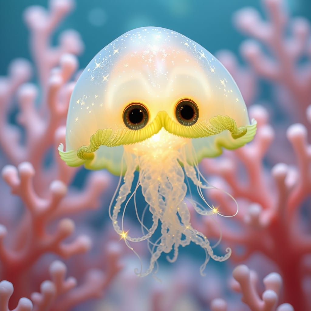 a fantasy jellyfish with big expressive eyes and ethereal appearance. Her translucent and shimmering body, adorned with ...