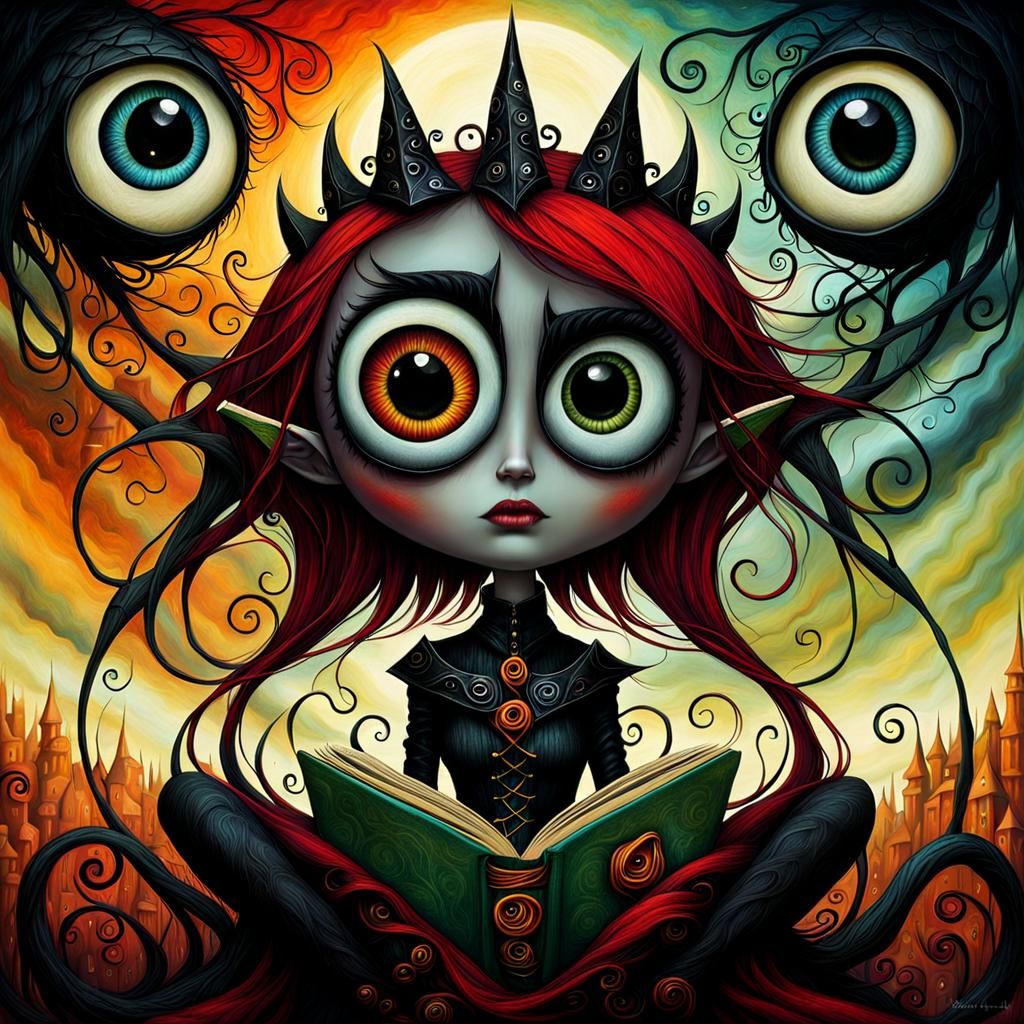 Gothic-Punk Reader in Vibrant Fairytale Scene