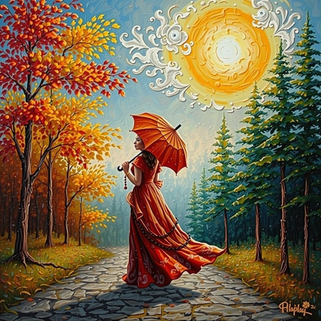 Woman with Parasol in Autumn Impasto Painting
