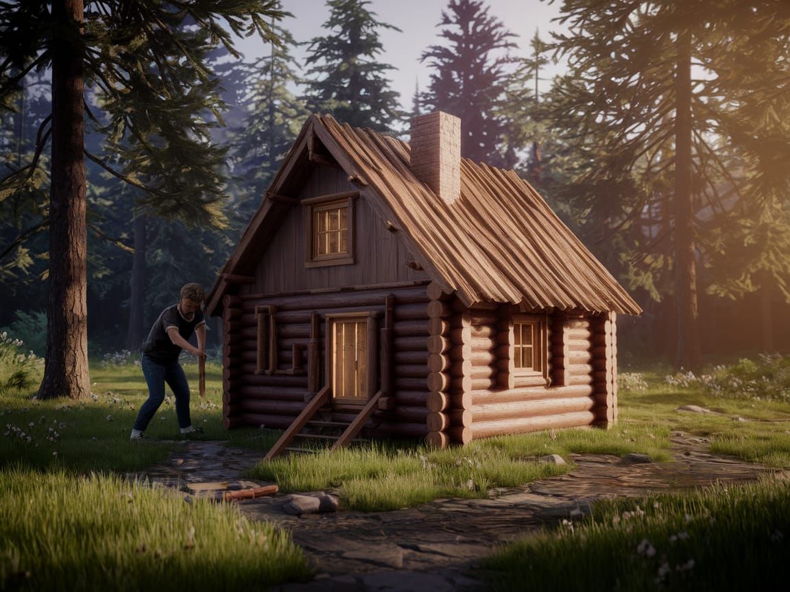 Child Builds Log Cabin: Detailed Matte Painting
