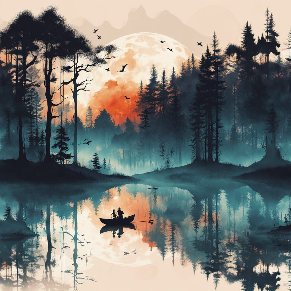 Moonlit Forest Dreamscape in Watercolour and Ink