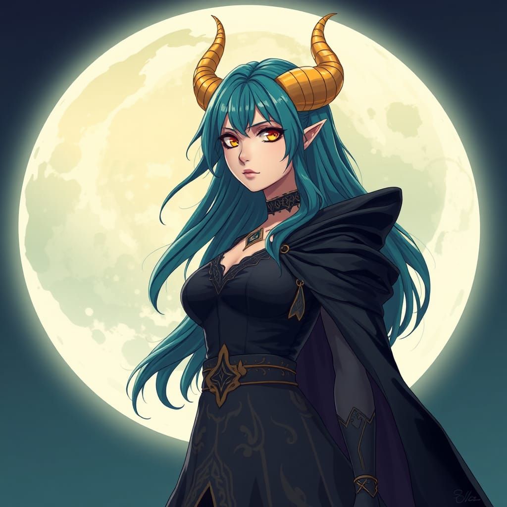 Teal-Haired Tiefling Witch Before the Moon