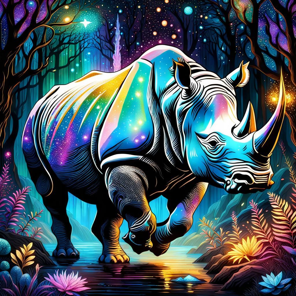 Dreamcore Rhino in Bioluminescent Forest