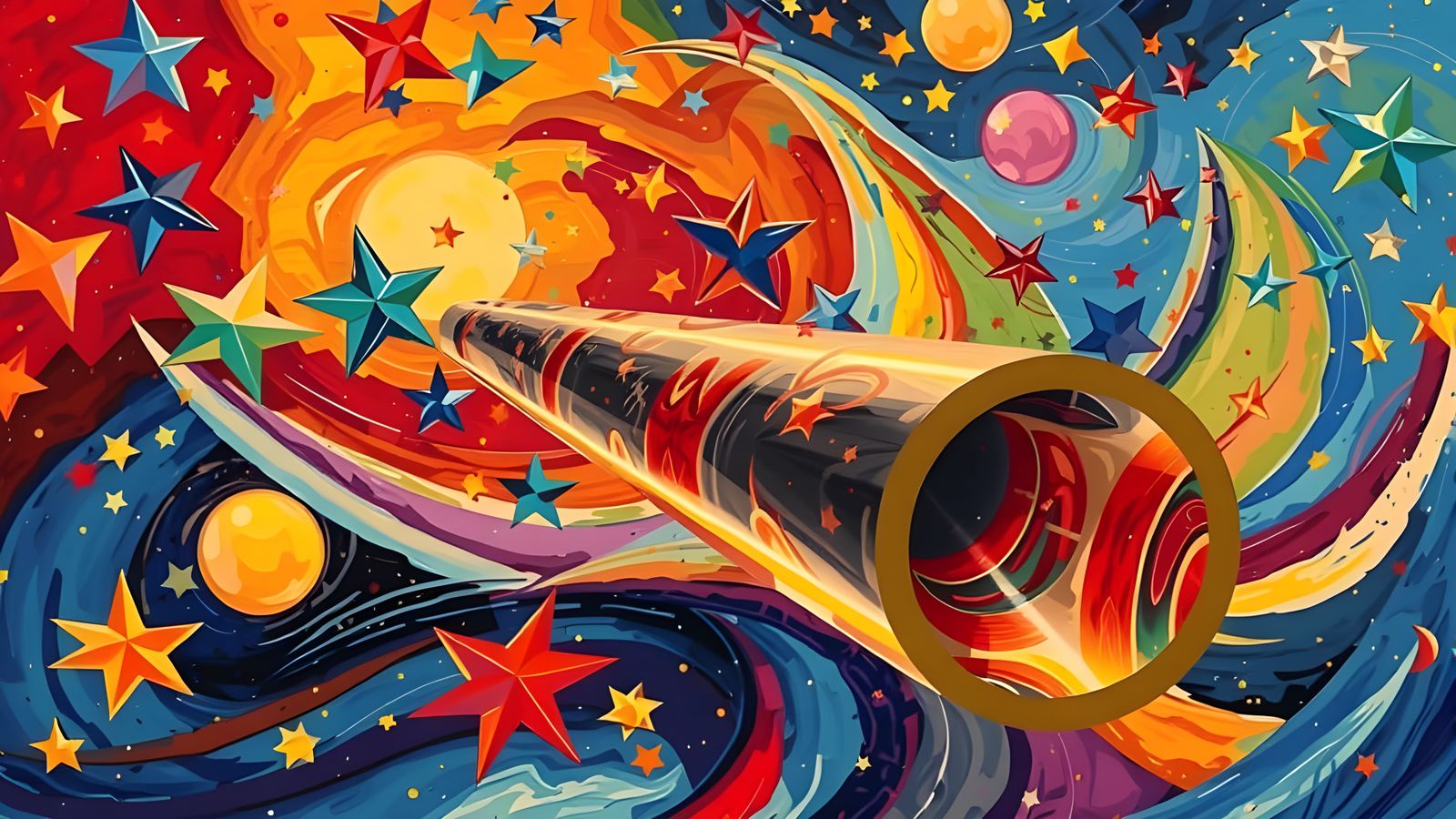 Reflective Cylinder Mirroring Kandinsky Stars in Dreamlike C...