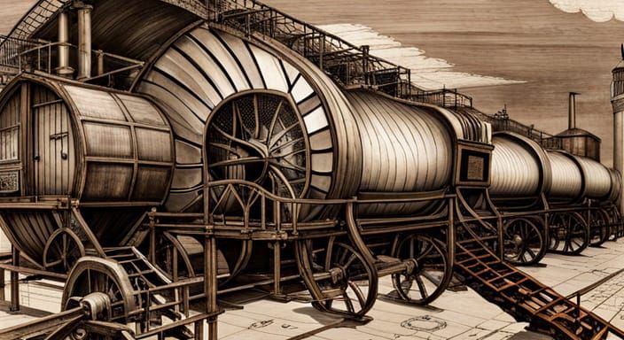 Steampunk Flying Train in a Da Vinci Style Blueprint