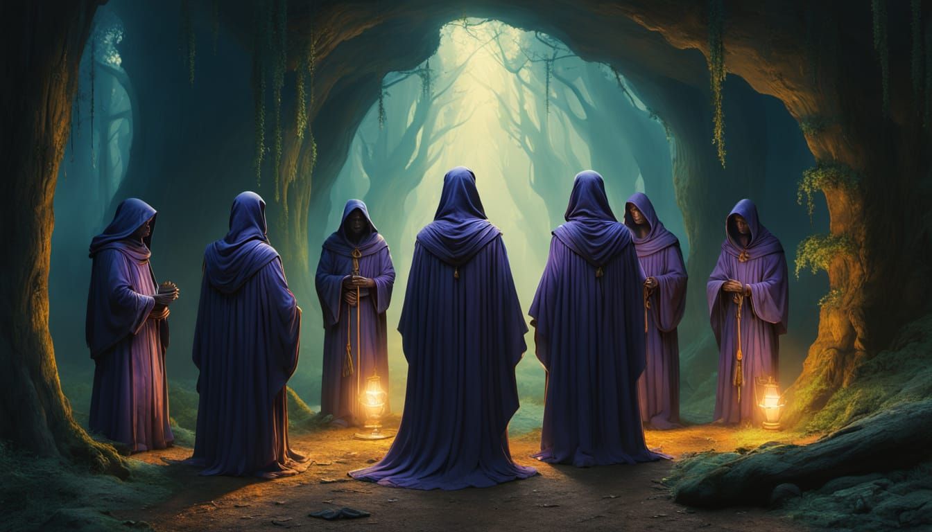 Mystical Figures in Violet Robes Unite in Ancient Cave