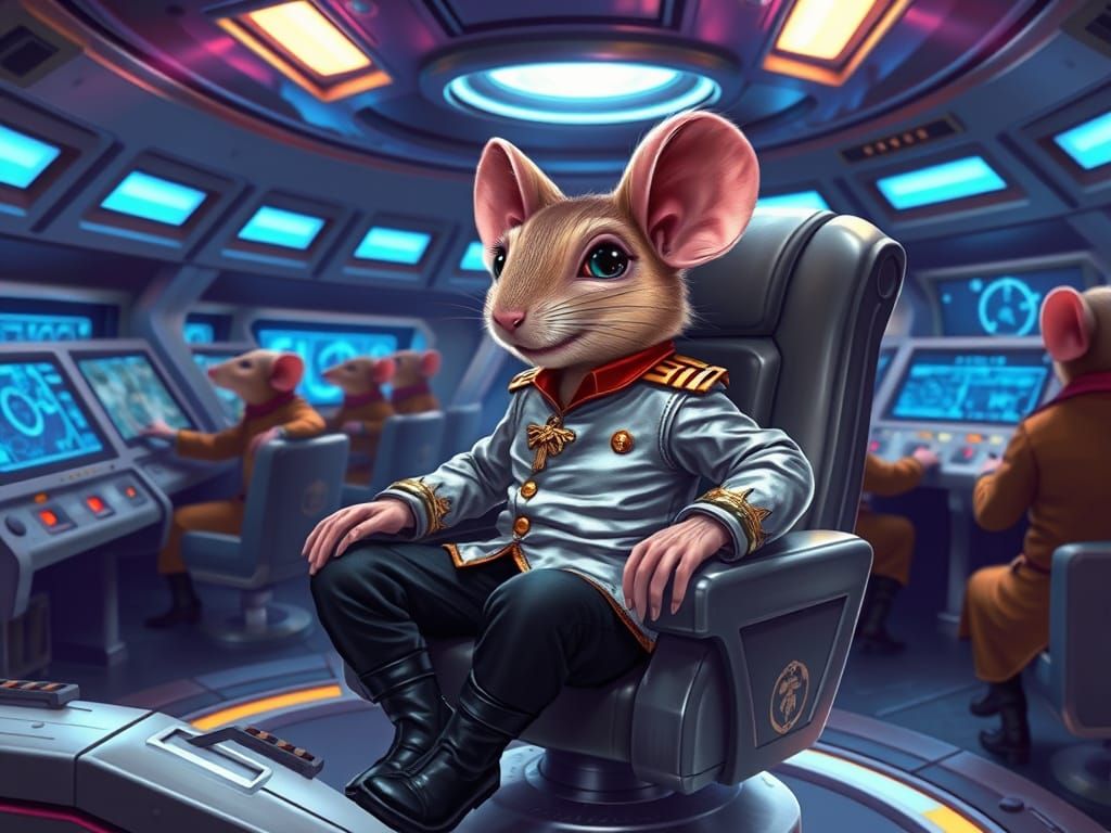 Mighty Mouse Captain Commands Futuristic Starship Bridge