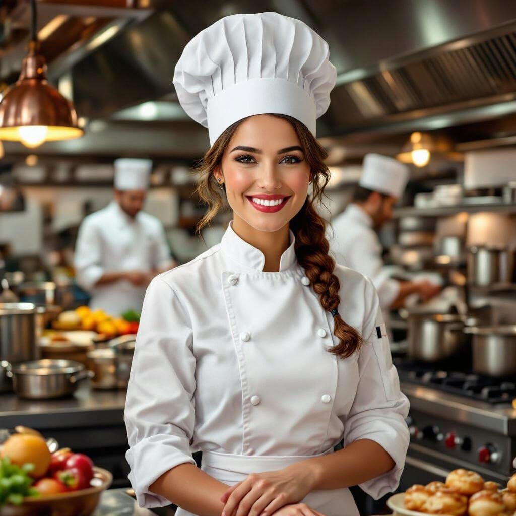 Chef Lady in Bustling Kitchen, Art Nouveau Meets Modern Real...