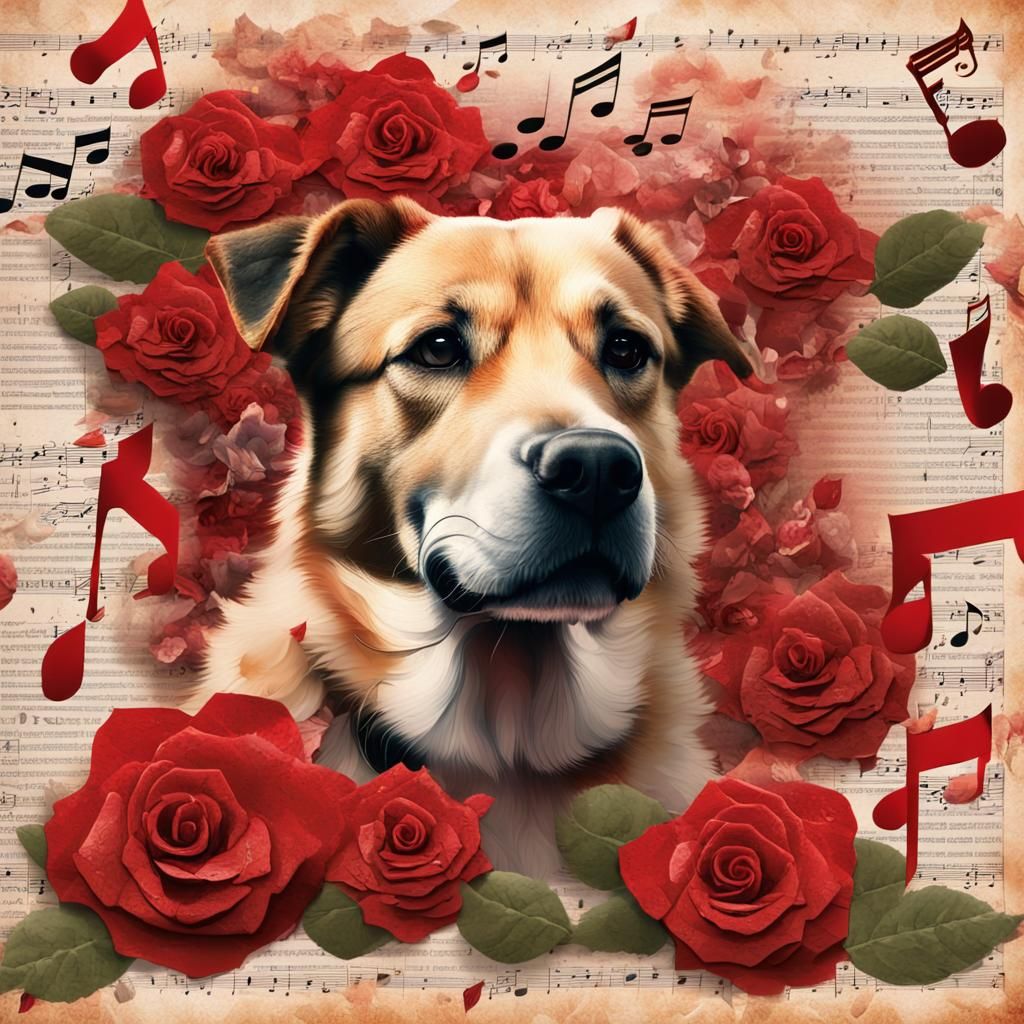 Dog in Dreamlike Digital Collage with Paper Roses