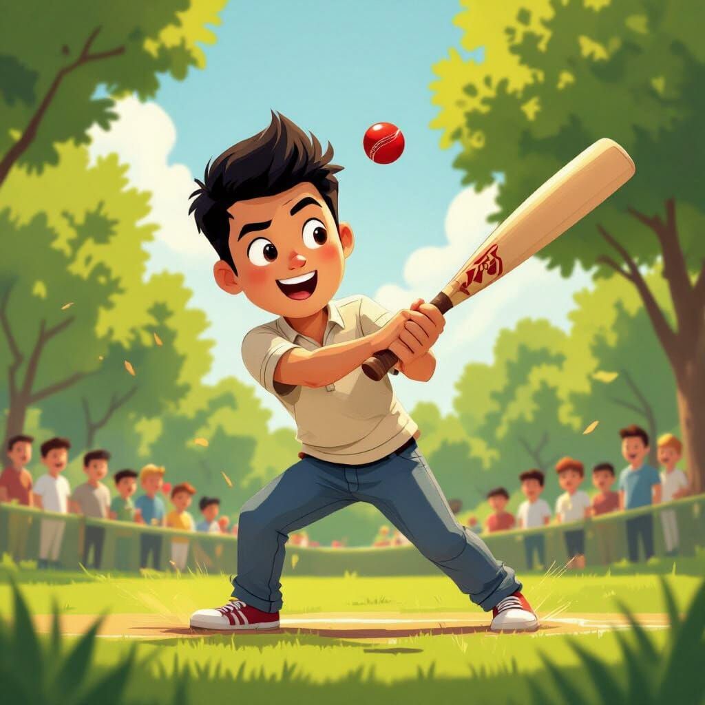 Asian Man Swinging Cricket Bat in Park - Children's Book Sty...