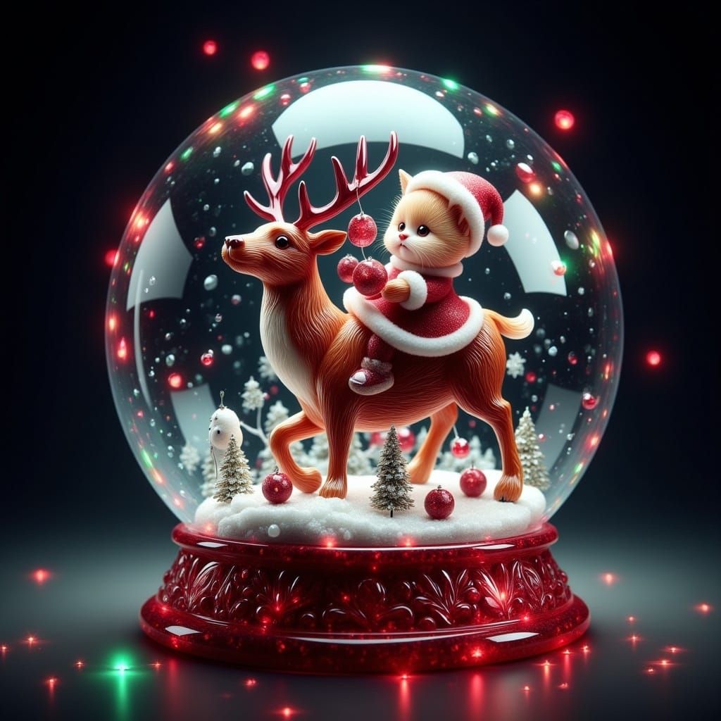 Festive Kitten and Reindeer in Snow Globe