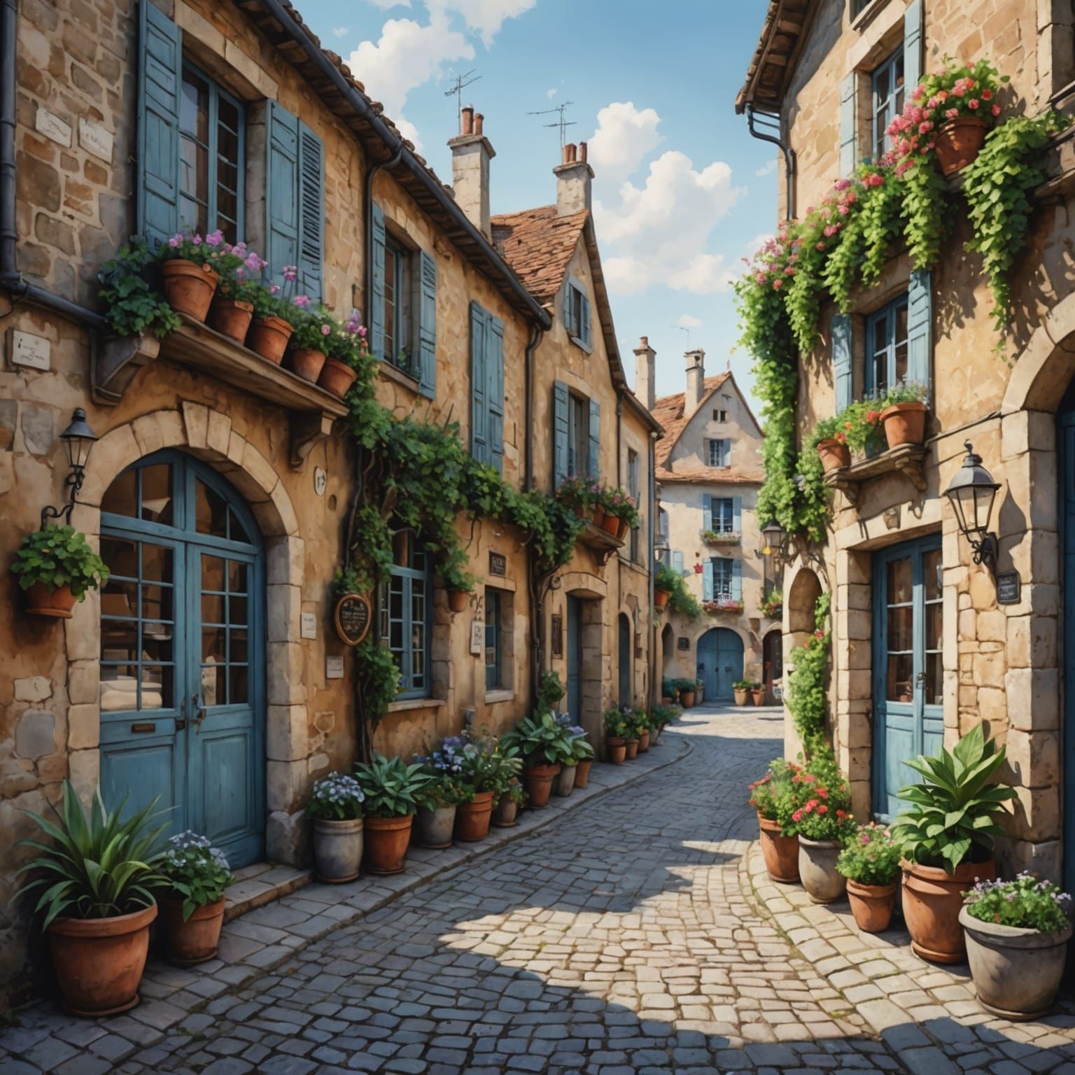 French Village in Watercolor Painting Style