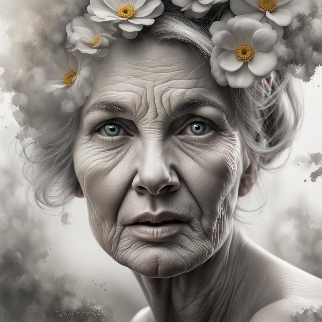 Intense Portrait of an Old Woman in Hyperrealistic Style