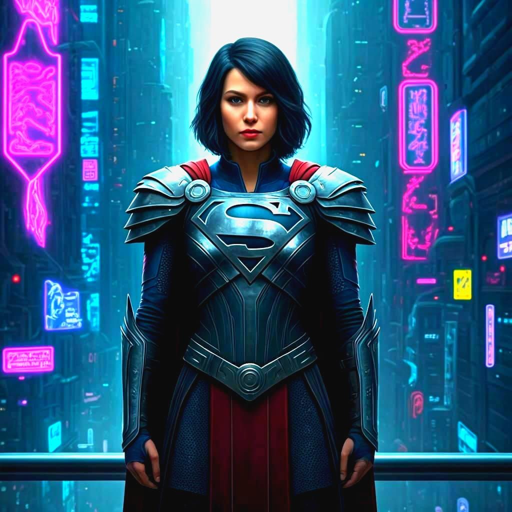 Steampunk Supergirl Viking Warrior in Neon Metropolis