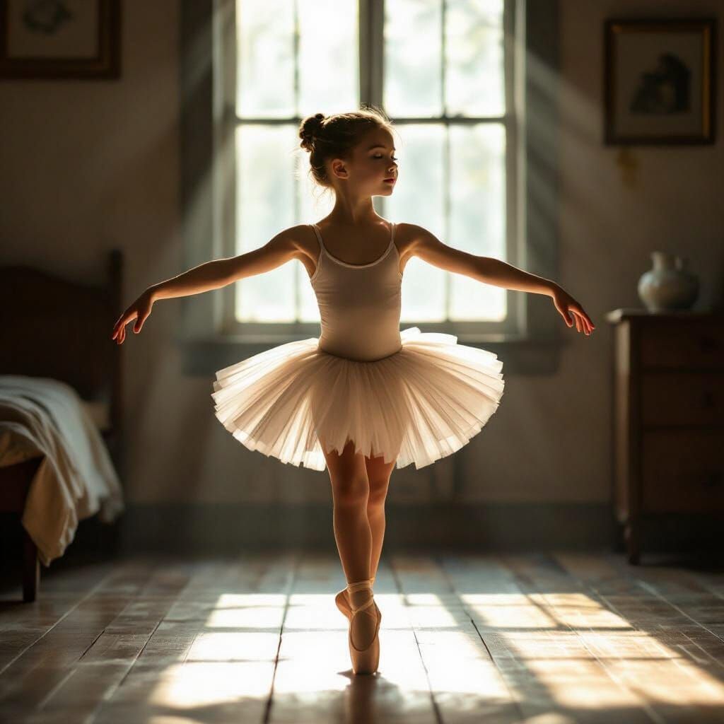 Ballerina Practicing in Modest Room with Hopeful Light