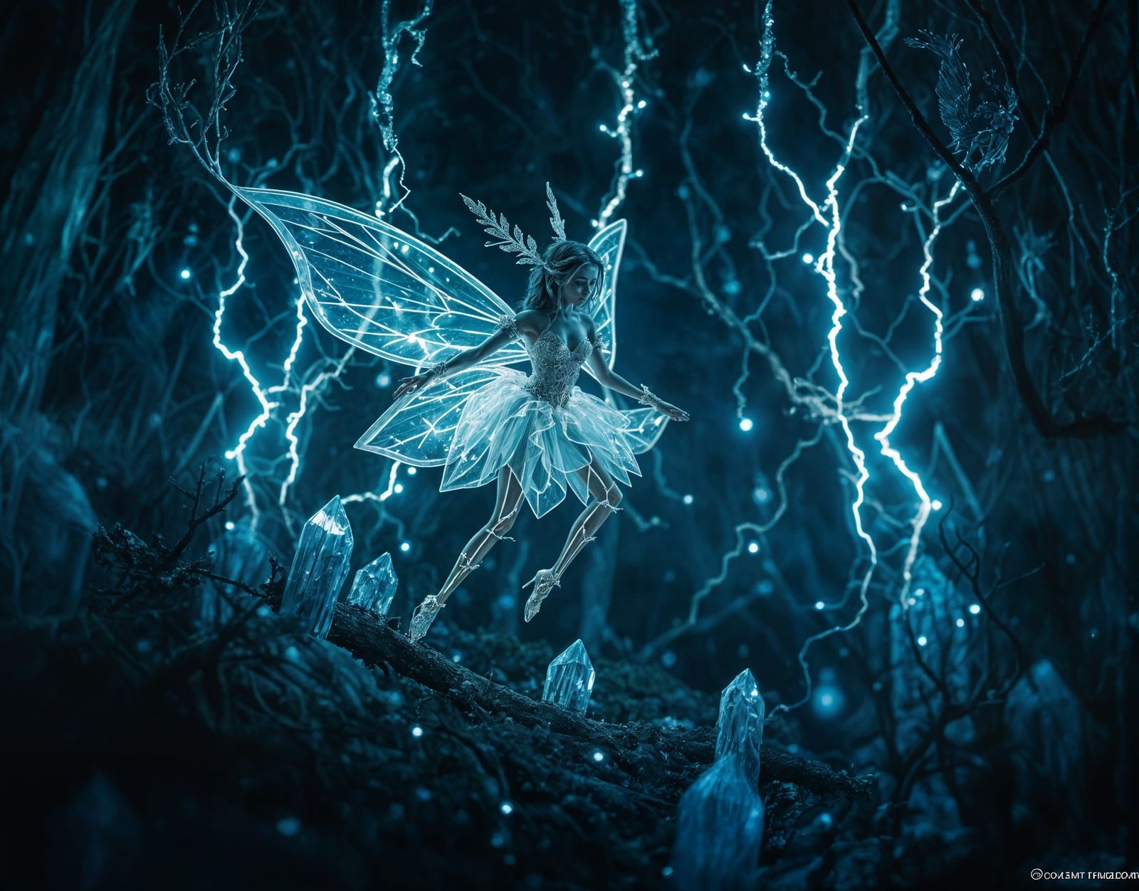 Elegantly Styled Glass Fairy Dances in Ethereal Forest