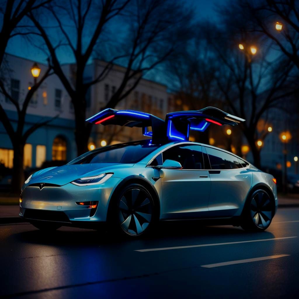 Surreal Electric Tesla Cyber Car with Neon Lights
