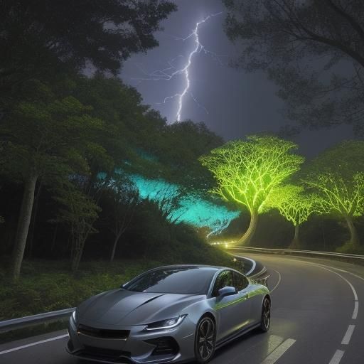 Futuristic Car Navigating Bioluminescent Landscape in Digita...