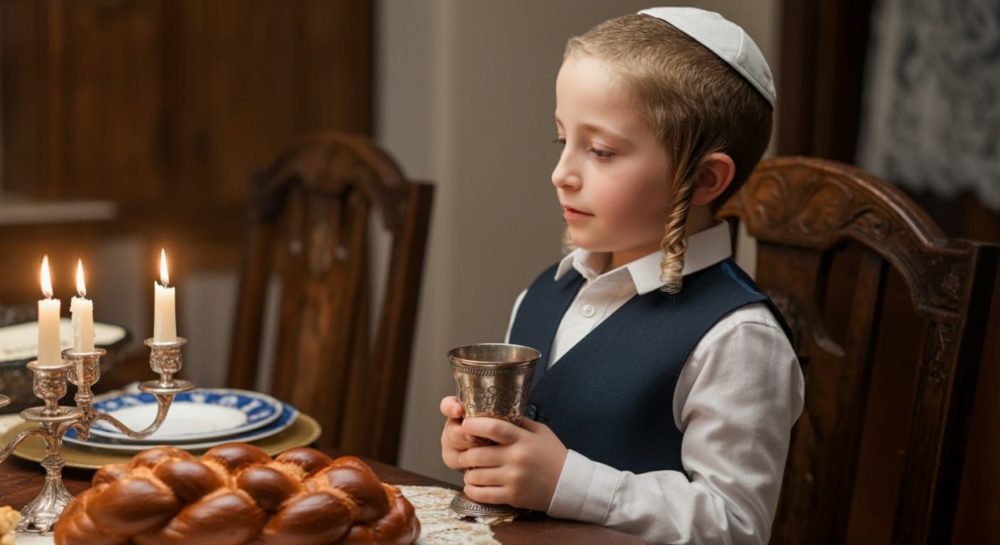 Young Hasidic Boy Recites Kiddush on Shabbat