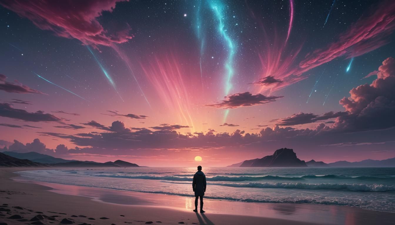 Bioluminescent Sunset with Aurora, Digital Matte Painting