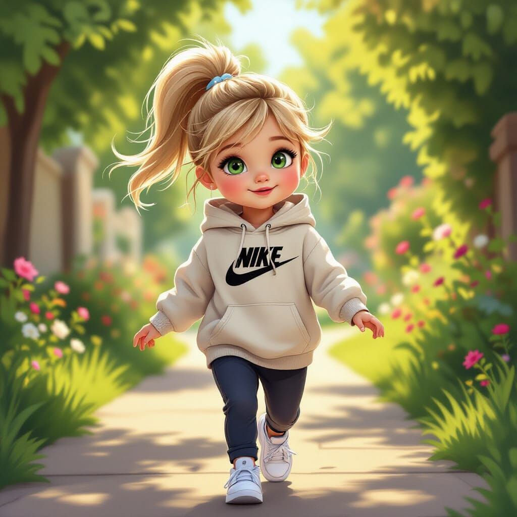 Young Girl in Nike Gear Skipping on Garden Path