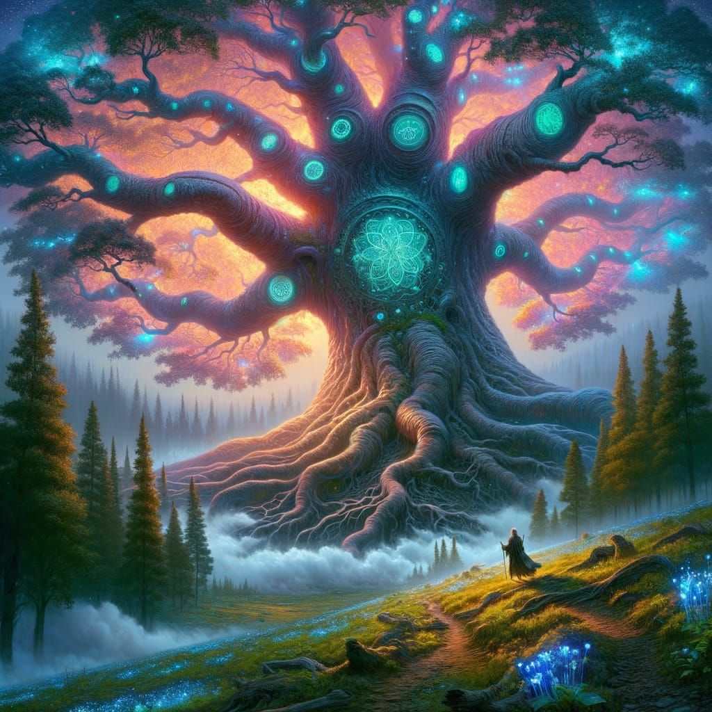 Colossal Ancient Tree in Misty Valley
