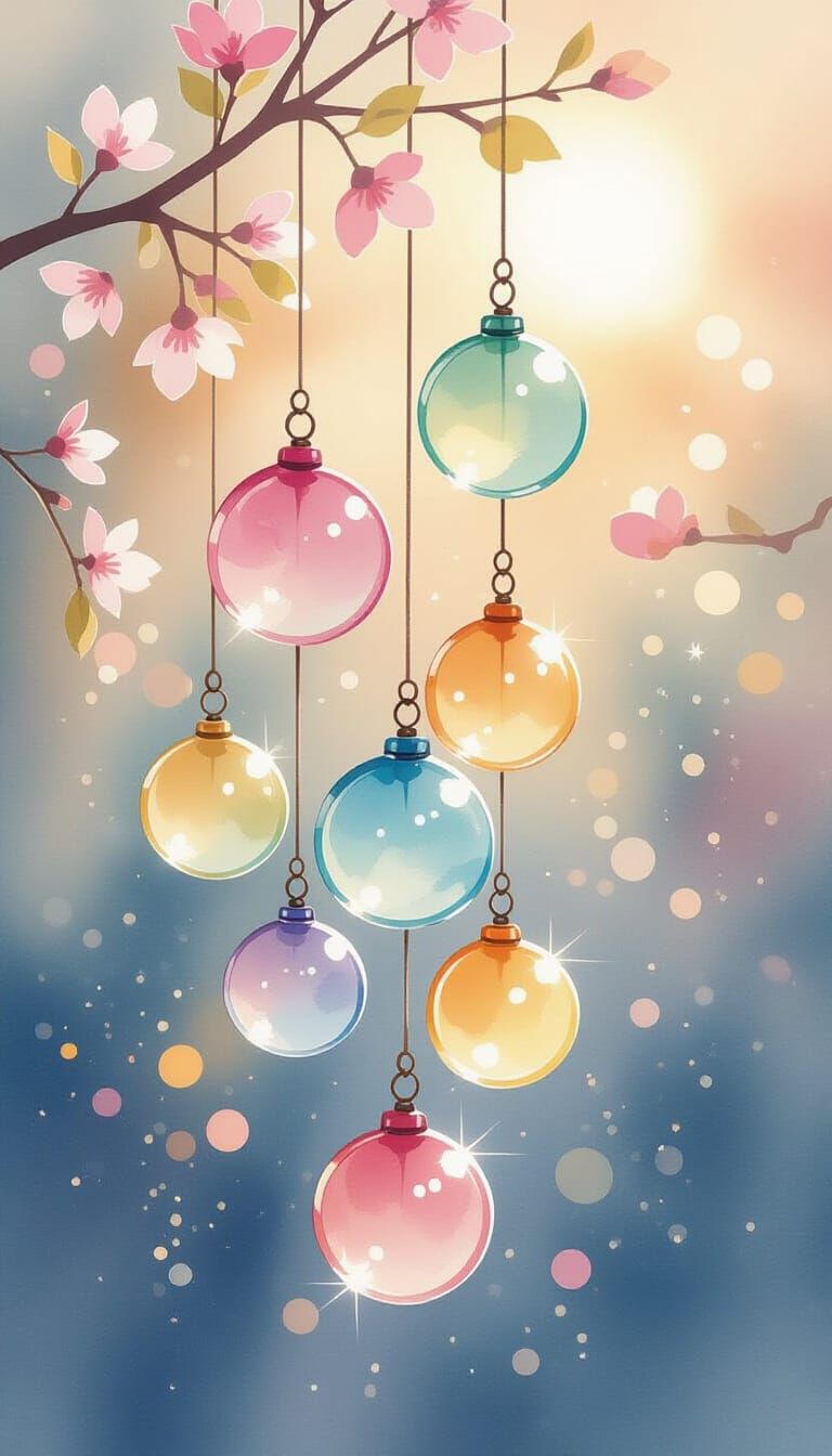 Pastel Japanese Sea Glass Wind Chimes Watercolor Illustratio...